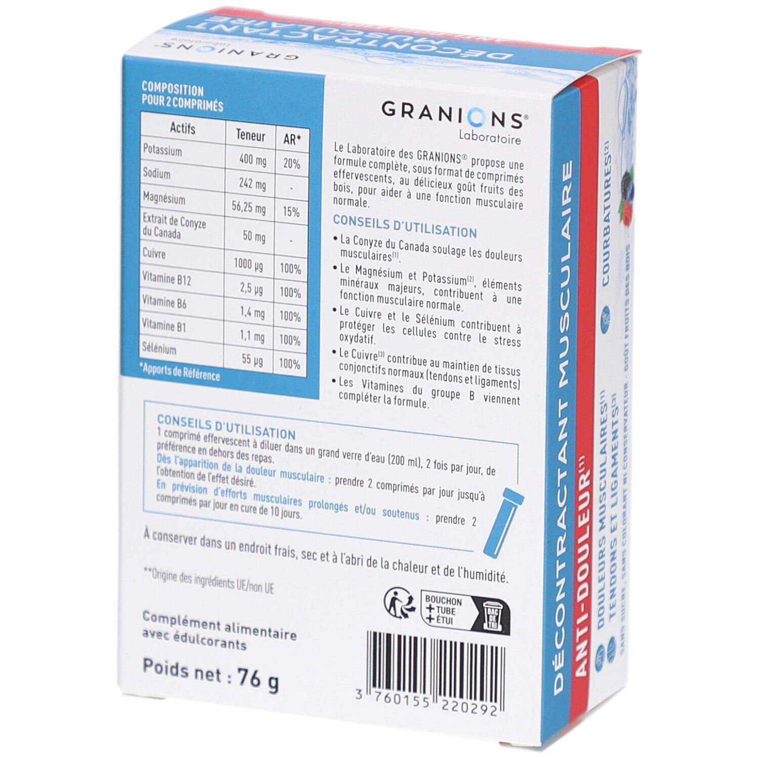 Rückseite der Verpackung von Granions Décontractant Musculaire Effervescent. Text: Inhaltsstoffe, Gebrauchsanweisung, Nährwertangaben.