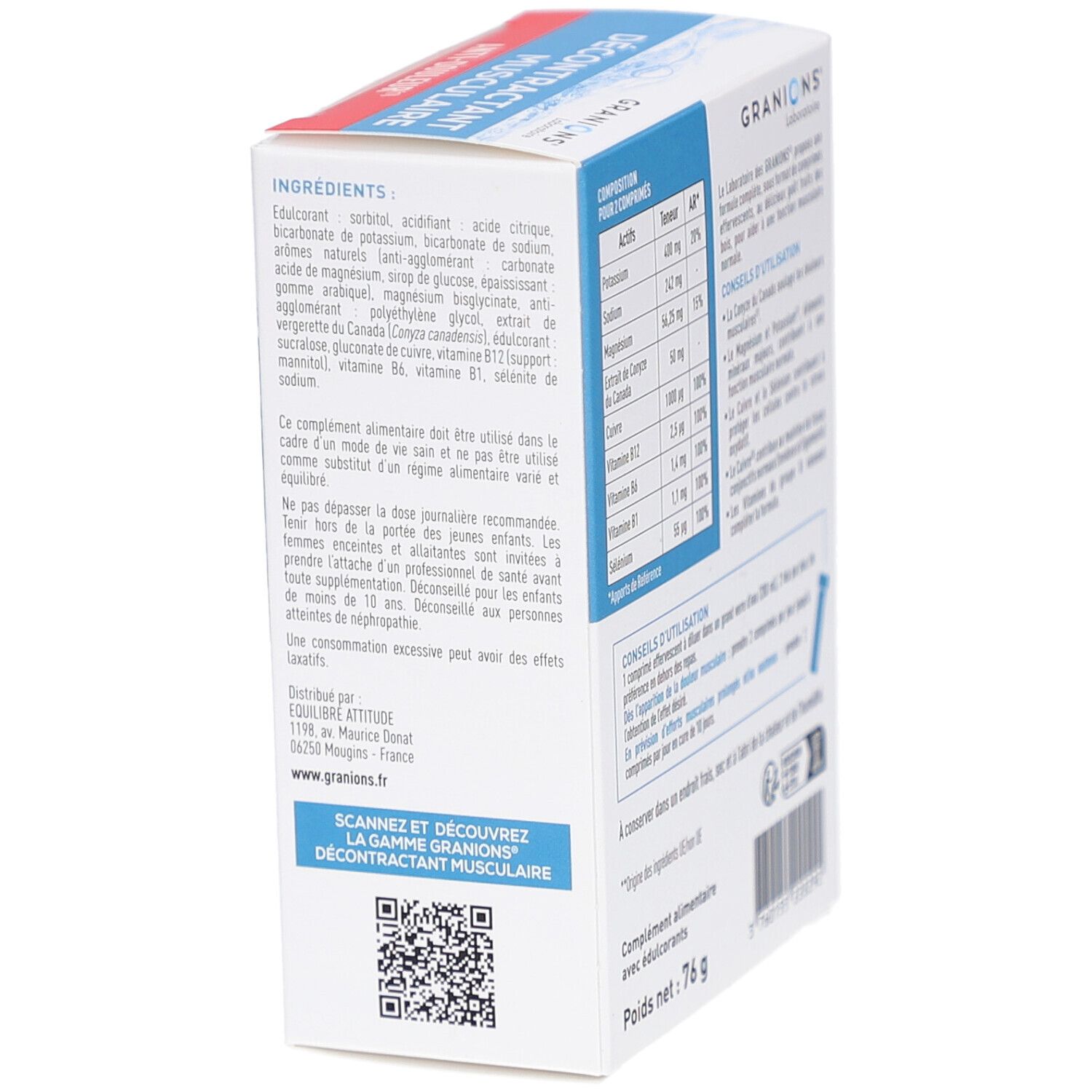 Verpackung von Granions Décontractant Musculaire Effervescent. Text: Inhaltsstoffe, QR-Code, Adresse des Herstellers.