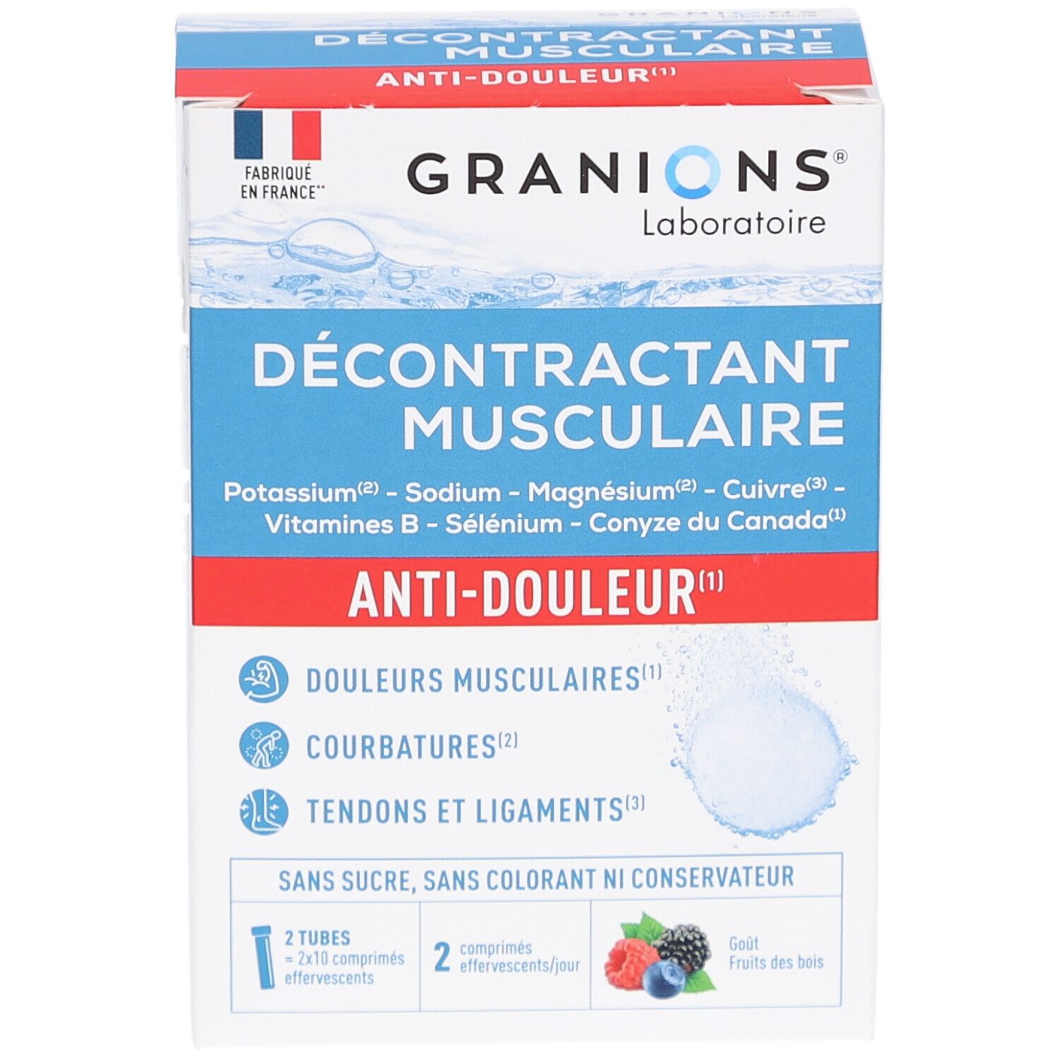 Karton von Granions Décontractant Musculaire Effervescent. Blaue, rote und weiße Verpackung. Text: Anti-Douleur, Décontractant Musculaire.