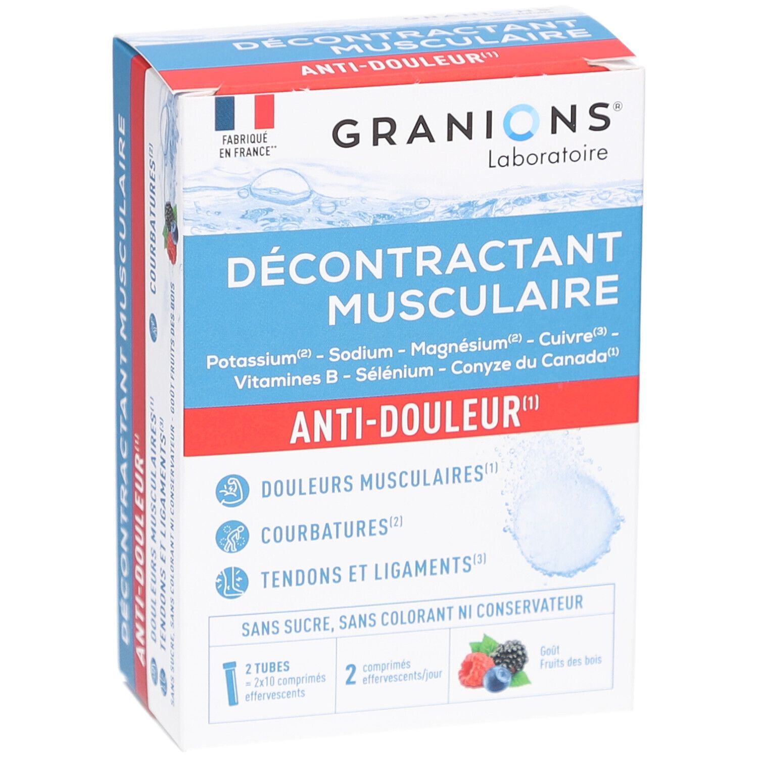 Karton von Granions Décontractant Musculaire Effervescent. Blaue, rote und weiße Verpackung. Text: Anti-Douleur, Courbatures, Tendons et Ligaments.
