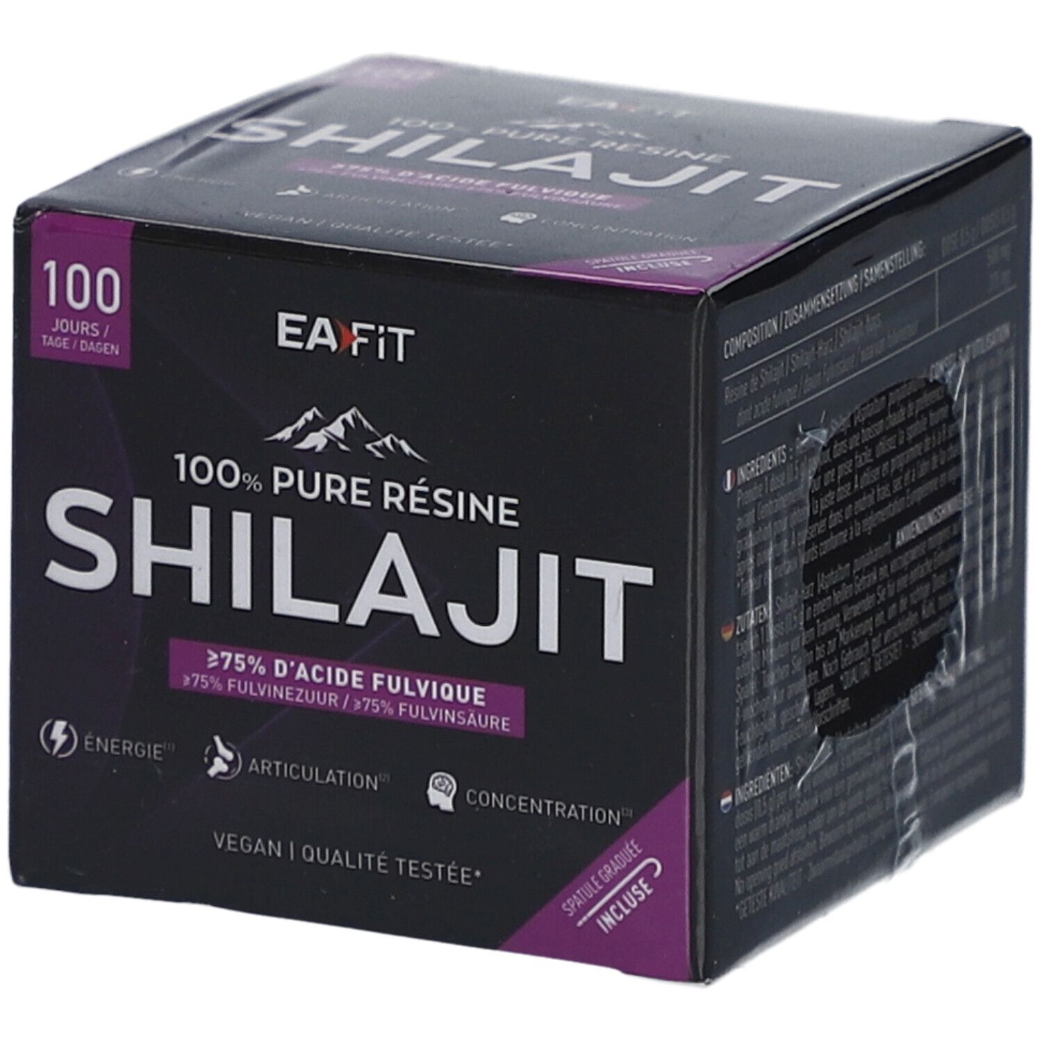 Schwarze Schachtel mit EA-FIT Shilajit. Text: 100% Pure Résine Shilajit, >75% Fulvinsäure. Vegan, getestete Qualität. Inklusive Spatel.