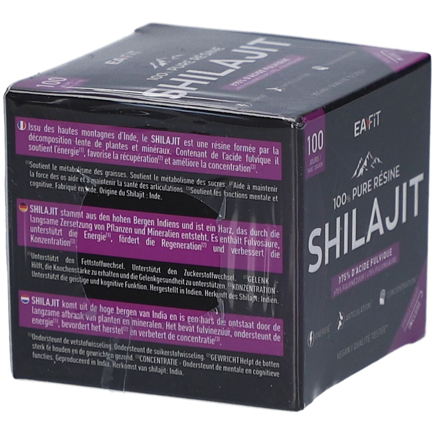 Schwarze Schachtel mit Texten in verschiedenen Sprachen. EA-FIT 100% Pure Résine Shilajit. 100. Informationen zur Zusammensetzung und Anwendung.