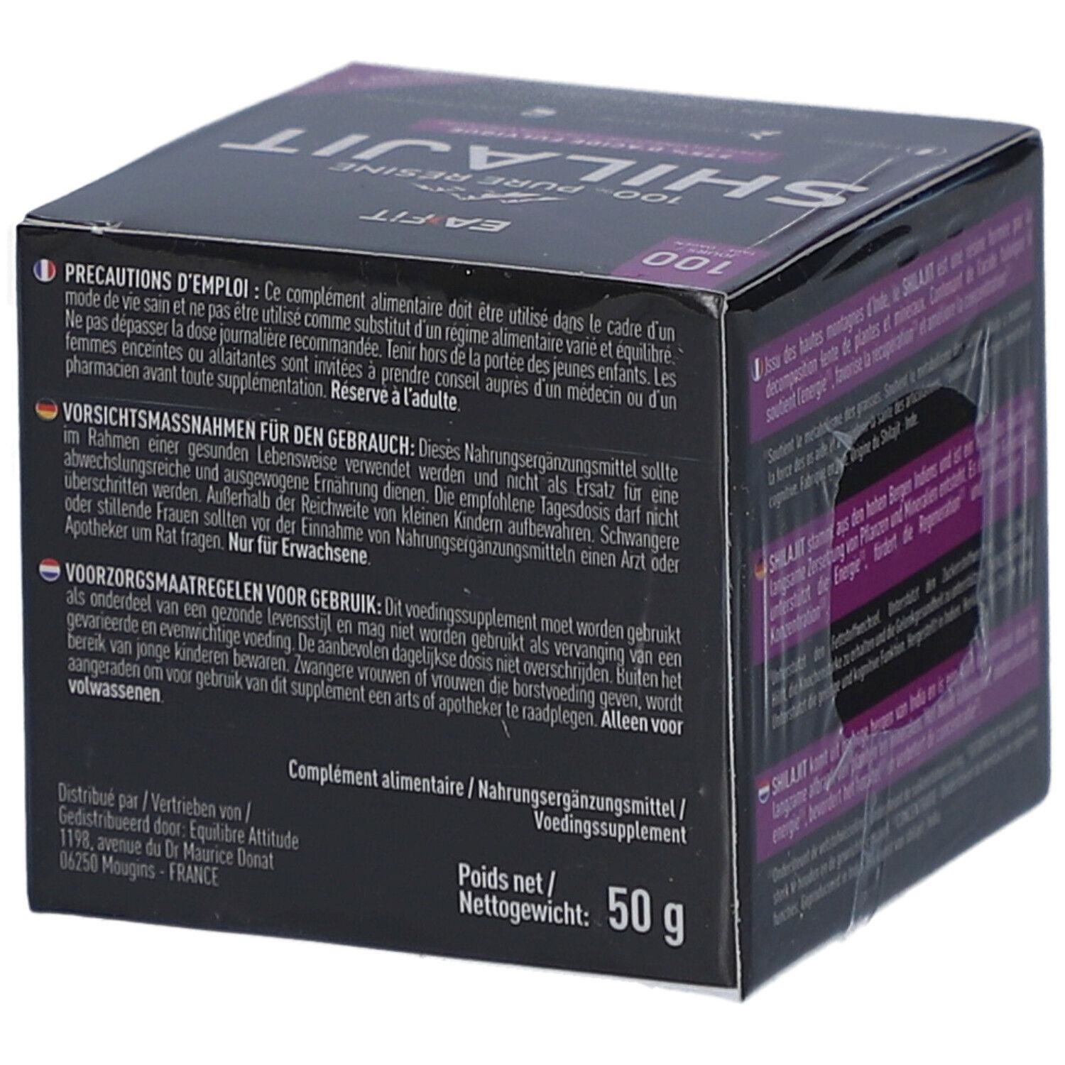 Schwarze Schachtel mit Texten in verschiedenen Sprachen. EA-FIT Shilajit. Nettogewicht: 50 g. Vorsichtsmaßnahmen für die Anwendung.