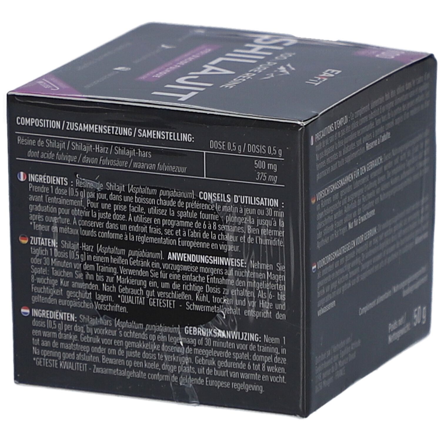 Schwarze Schachtel mit Texten in verschiedenen Sprachen. EA-FIT Shilajit. Zusammensetzung, Dosierung, Anwendungshinweise. Nettogewicht: 50 g.