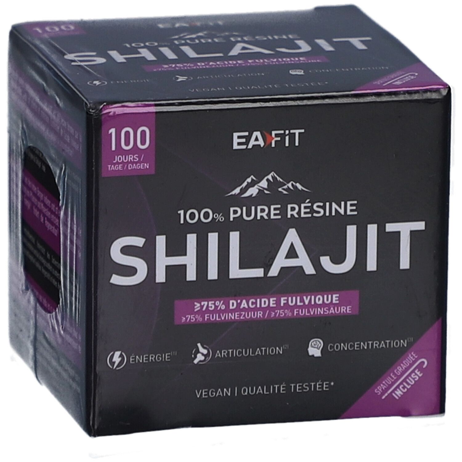 Schwarze Schachtel mit EA-FIT Shilajit. Text: 100% Pure Résine Shilajit, >75% Fulvinsäure. Vegan, getestete Qualität. Spatel.
