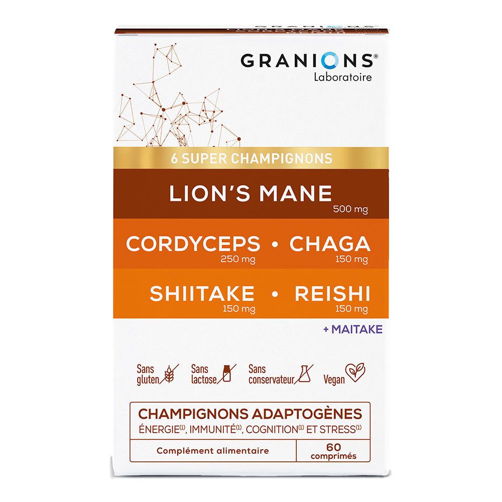 Schachtel mit Granions Complexe Super Champignons. Enthält 60 Tabletten. Enthält Lion's Mane, Cordyceps, Chaga, Shiitake, Reishi, Maitake.