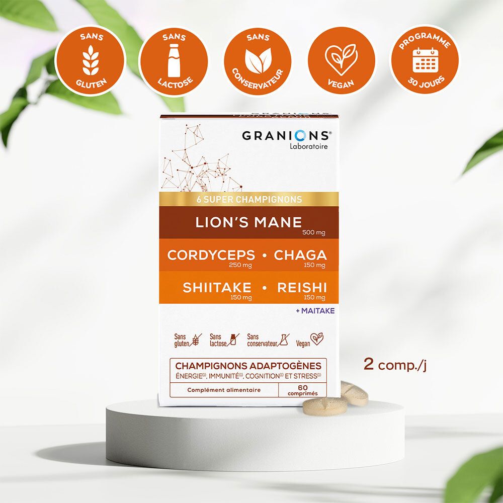Granions Complexe Super Champignons-Schachtel auf Podest. 60 Tabletten. Enthält Lion's Mane, Cordyceps, Chaga, Shiitake, Reishi, Maitake. Vegan.
