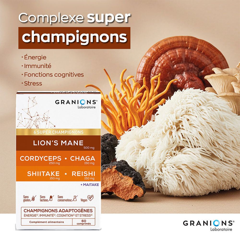 Granions Complexe Super Champignons-Schachtel mit Pilzen. Enthält Lion's Mane, Cordyceps, Chaga, Shiitake, Reishi, Maitake. Text über Inhaltsstoffe.