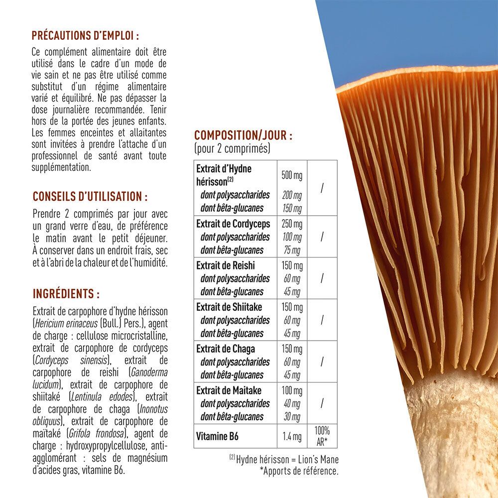 Detailansicht der Inhaltsstoffe und Anwendungshinweise für Granions Complexe Super Champignons. Enthält Lion's Mane, Cordyceps, Chaga, Shiitake, Reishi.