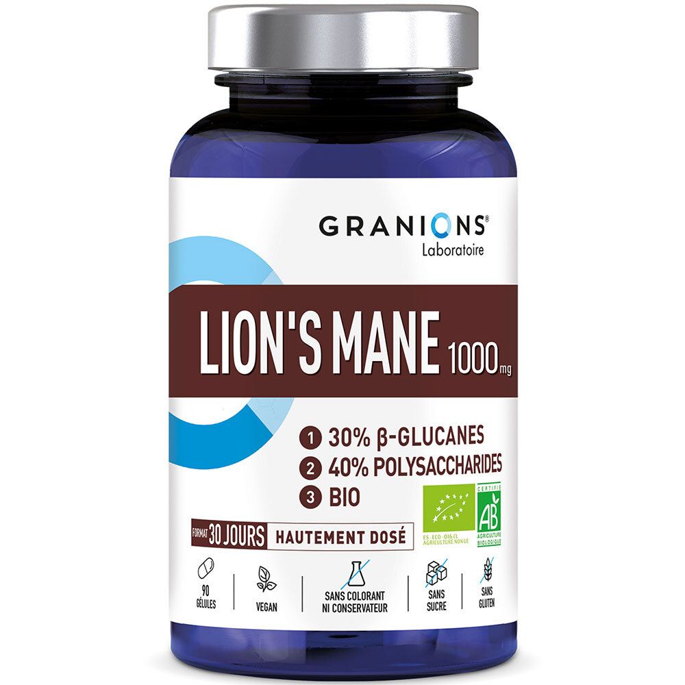Blaue Flasche mit Kapseln. Aufschrift: Granions Lion's Mane 1000mg, 30% Beta-Glucane, Bio-Zertifizierung.