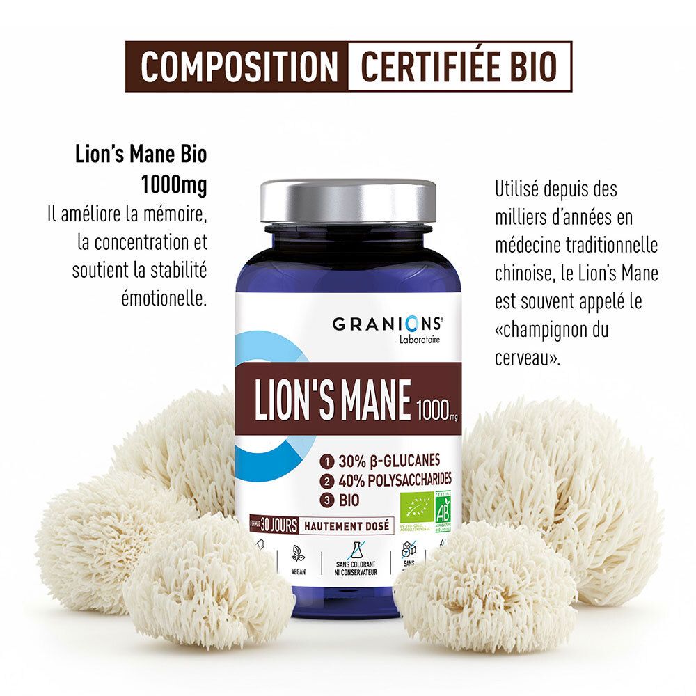 Flasche Lion's Mane umgeben von Pilzen. Text: Lion's Mane 1000mg, 30% Beta-Glucane, Bio.