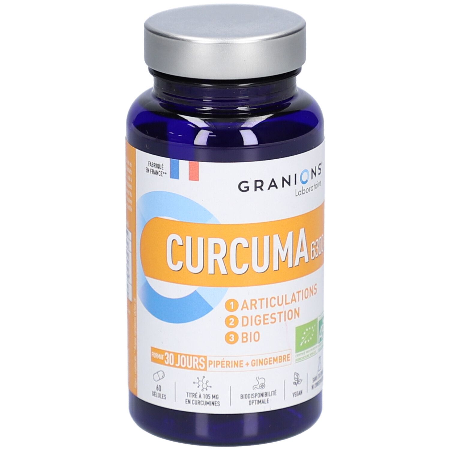 Blaue Flasche mit silbernem Deckel. Aufschrift CURCUMA 6300 BIO. 60 Kapseln. Articulation, Digestion.