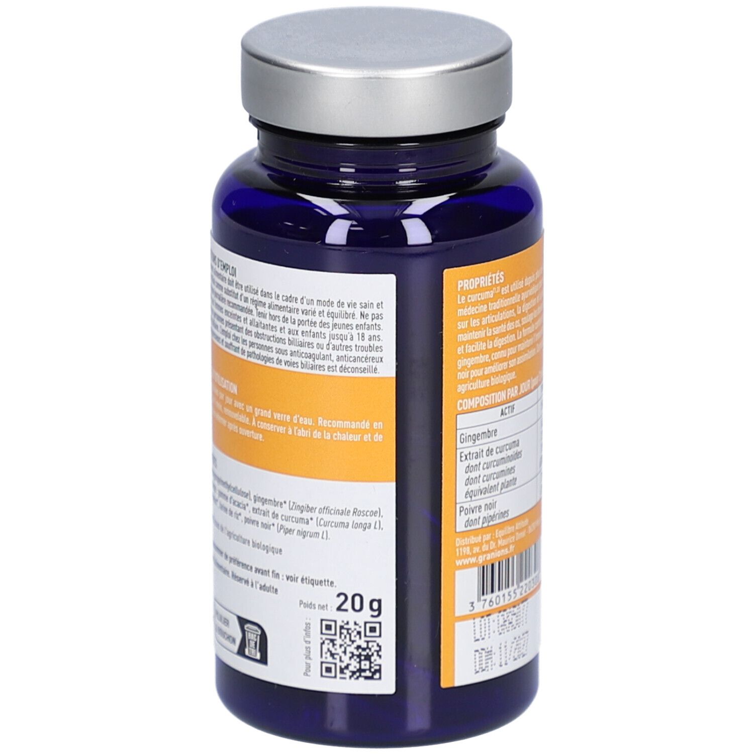 Rückseite der blauen Flasche. Text mit Anwendungshinweisen und Inhaltsstoffen. 20g.