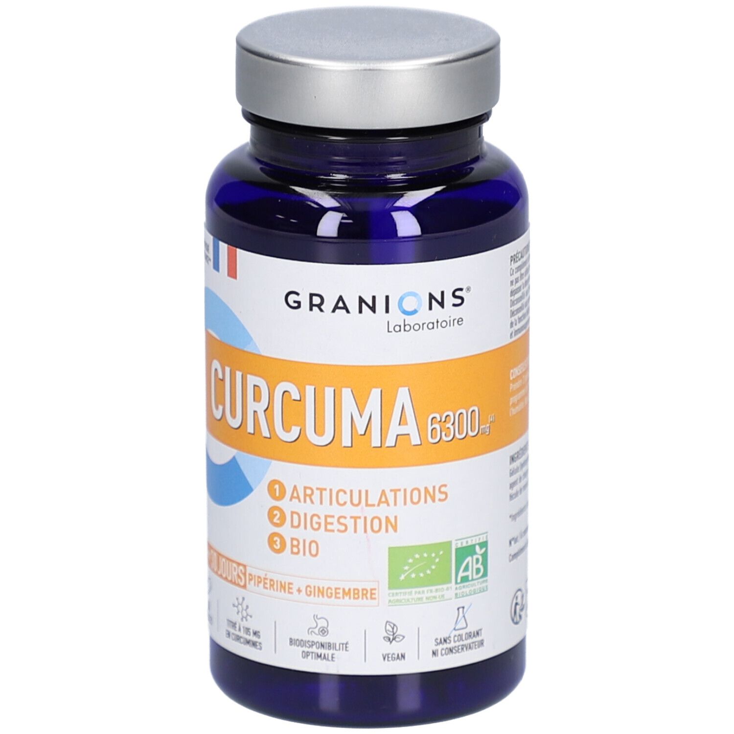 Blaue Flasche mit silbernem Deckel. Aufschrift CURCUMA 6300 BIO. 60 Kapseln. Articulation, Digestion.