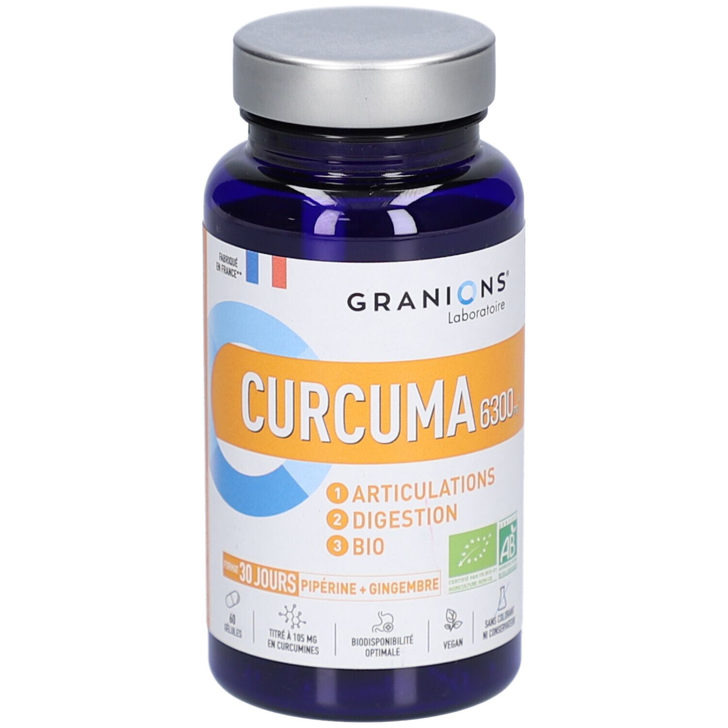 Blaue Flasche mit silbernem Deckel. Aufschrift CURCUMA 6300 BIO. 60 Kapseln. Articulation, Digestion.