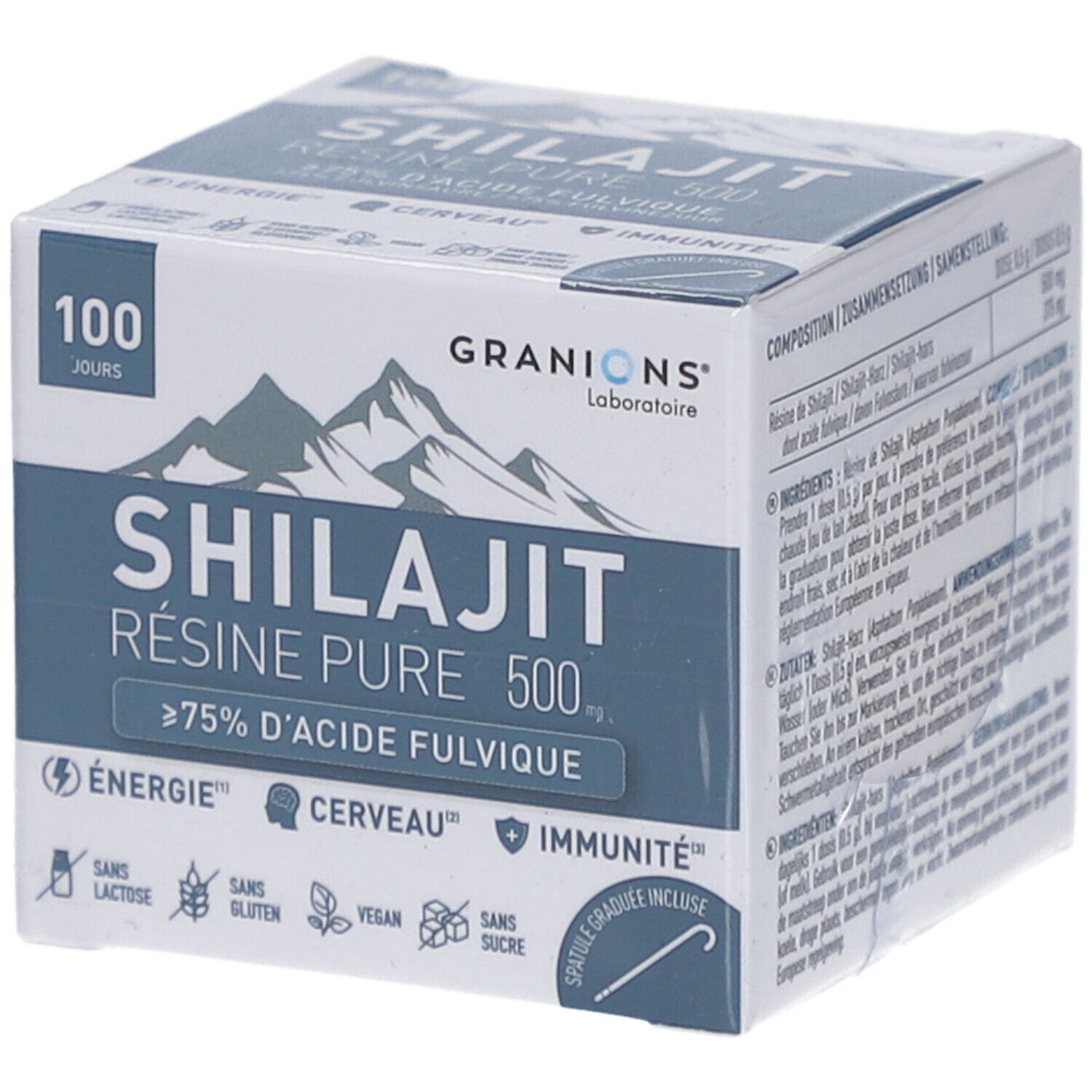 Karton mit Produktaufdruck. Enthält Shilajit Harz. Marke: GRANIONS. Text: SHILAJIT RÉSINE PURE 500. 100 Tage. Über 75% Fulvinsäure.