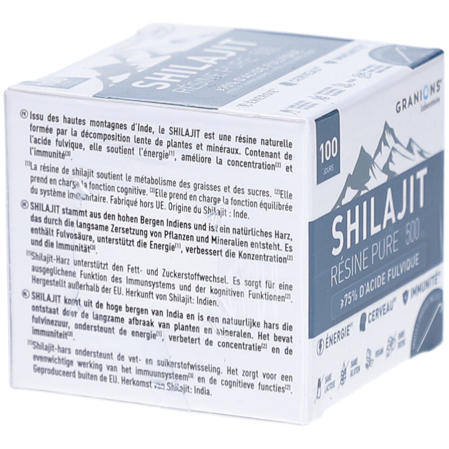 Produktverpackung mit Text. Enthält Shilajit Harz. Marke: GRANIONS. Text: SHILAJIT RÉSINE PURE 500. 100 Tage. Herkunft: Indien.