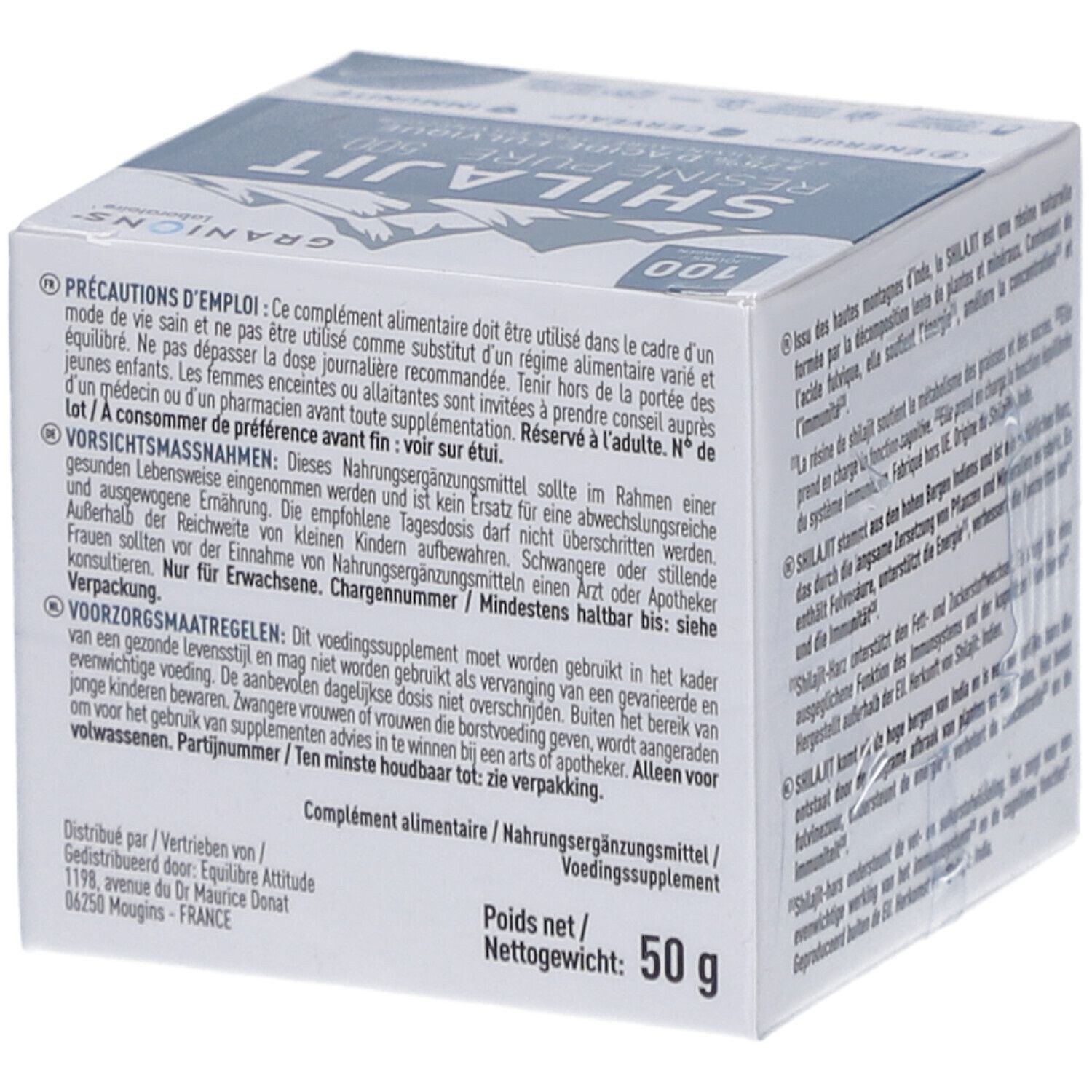 Produktverpackung mit Text. Enthält Shilajit Harz. Marke: GRANIONS. Text: SHILAJIT RÉSINE PURE 500. 100 Tage. Nettogewicht: 50 g.
