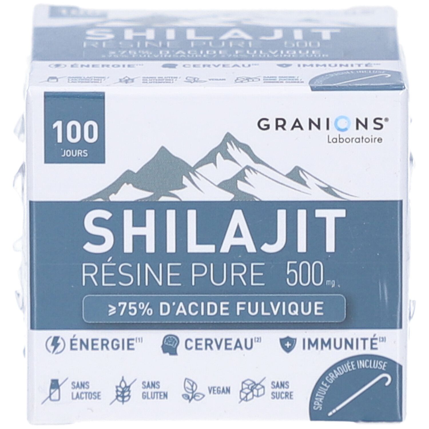 Produktverpackung mit Text. Enthält Shilajit Harz. Marke: GRANIONS. Text: SHILAJIT RÉSINE PURE 500. 100 Tage. Über 75% Fulvinsäure.