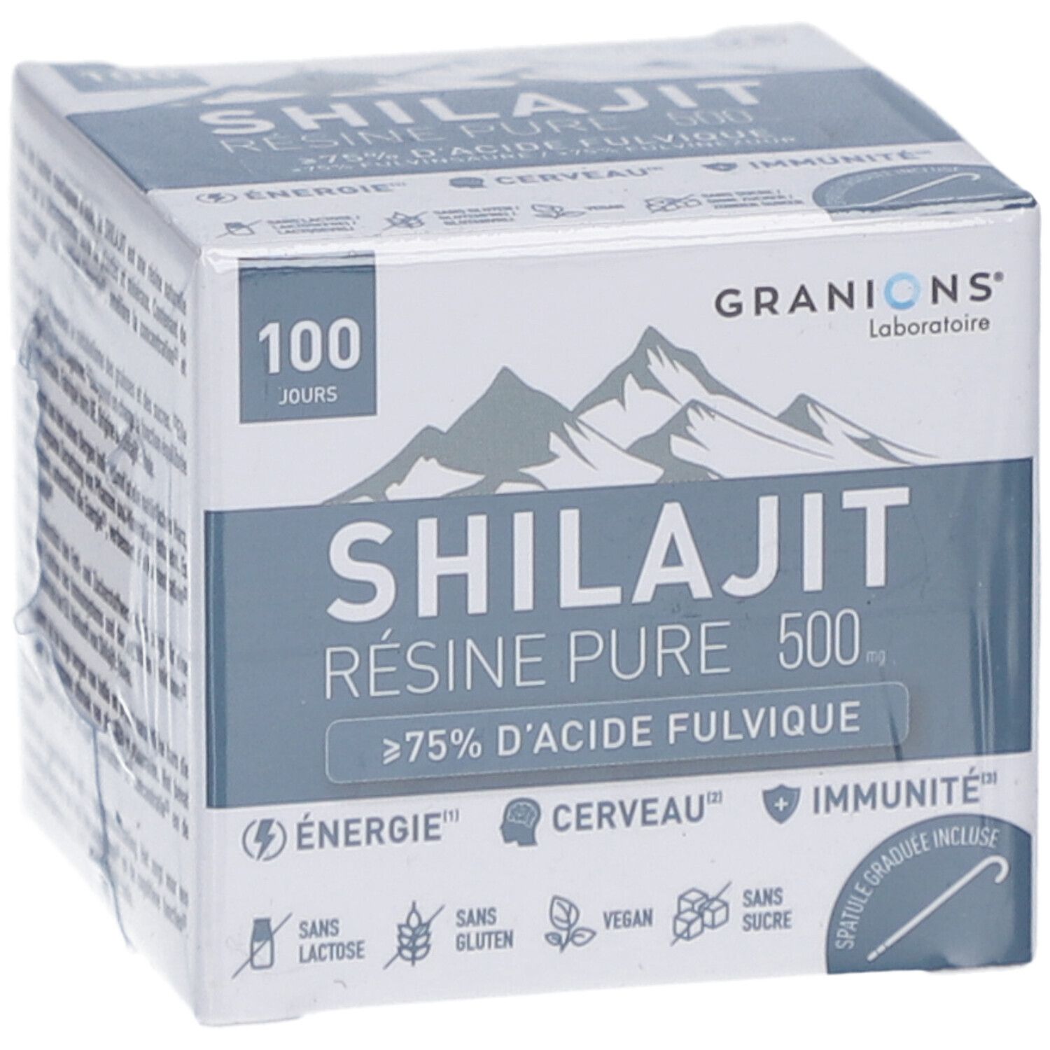 Produktverpackung. Enthält Shilajit Harz. Marke: GRANIONS. Text: SHILAJIT RÉSINE PURE 500. 100 Tage. Über 75% Fulvinsäure.