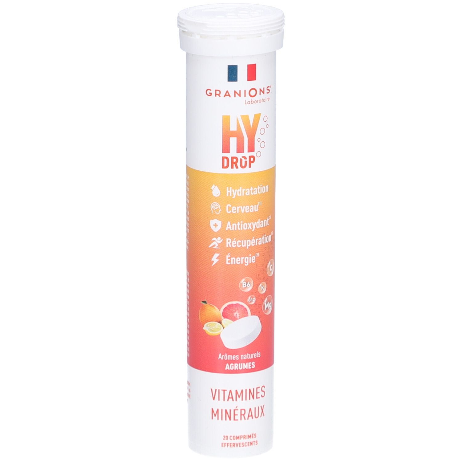 Zylindrische Verpackung mit Tabletten. Aufschrift: HYDROP, Granions, Aromen Agrumes, Vitamine Minéraux. Abbildung von Früchten.