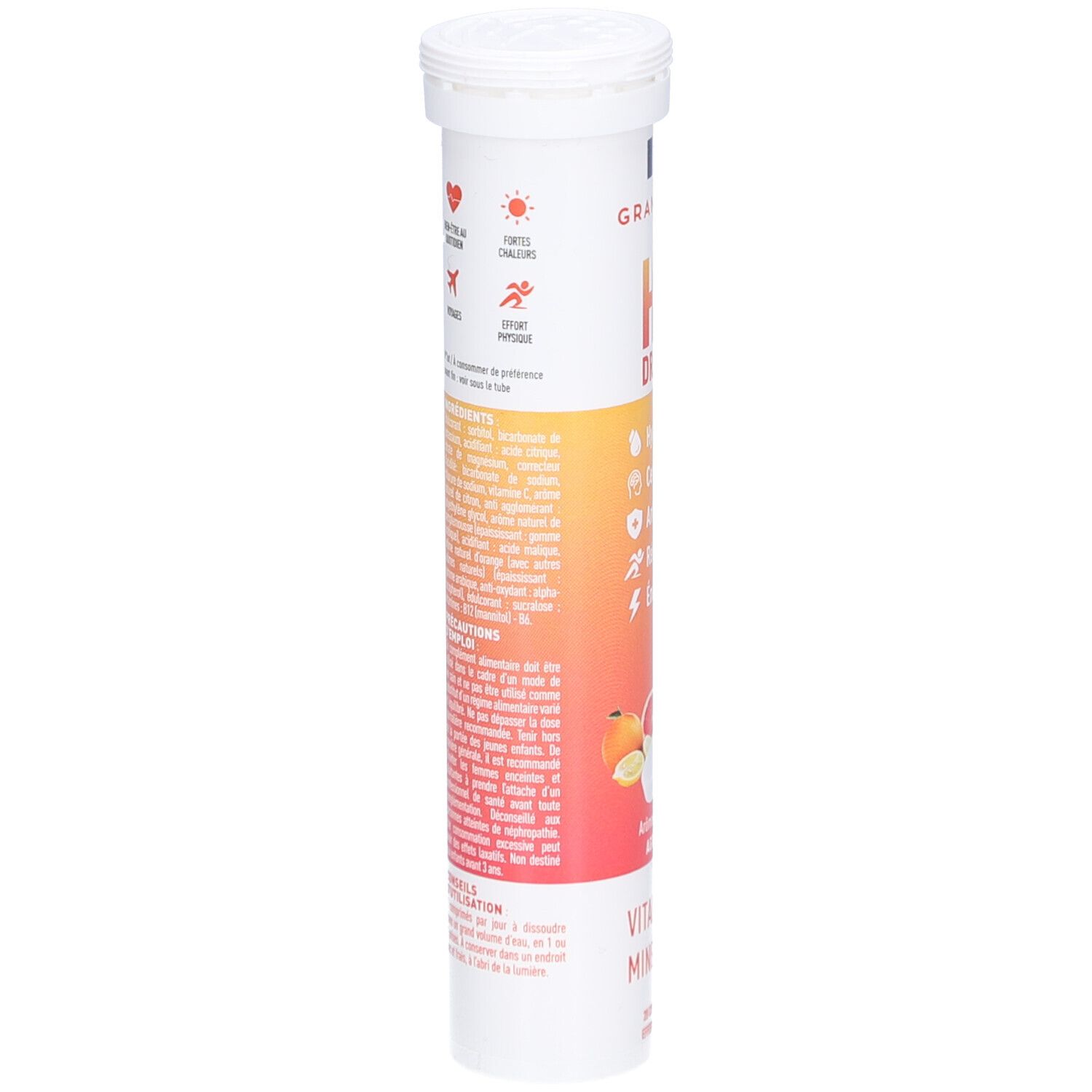 Zylindrische Verpackung mit Text. Aufschrift: Granions, HYDROP, Text über Inhaltsstoffe und Anwendung. Illustrationen.