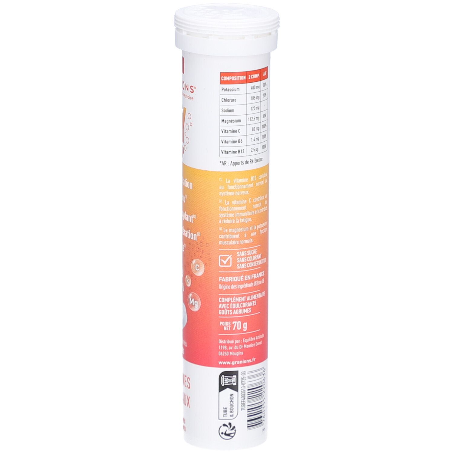 Zylindrische Verpackung mit Text. Aufschrift: Granions, HYDROP, Text über Inhaltsstoffe und Anwendung. Nährwerttabelle, 70g.