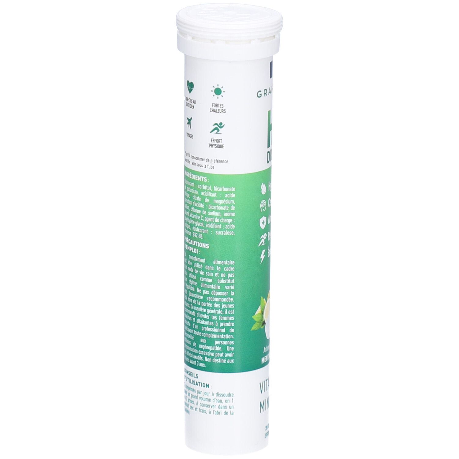 Zylindrische Verpackung von GRANIONS HYDROP. Rückseite mit Inhaltsstoffen, Gebrauchsanweisung und Warnhinweisen. Weiß-grünes Design.