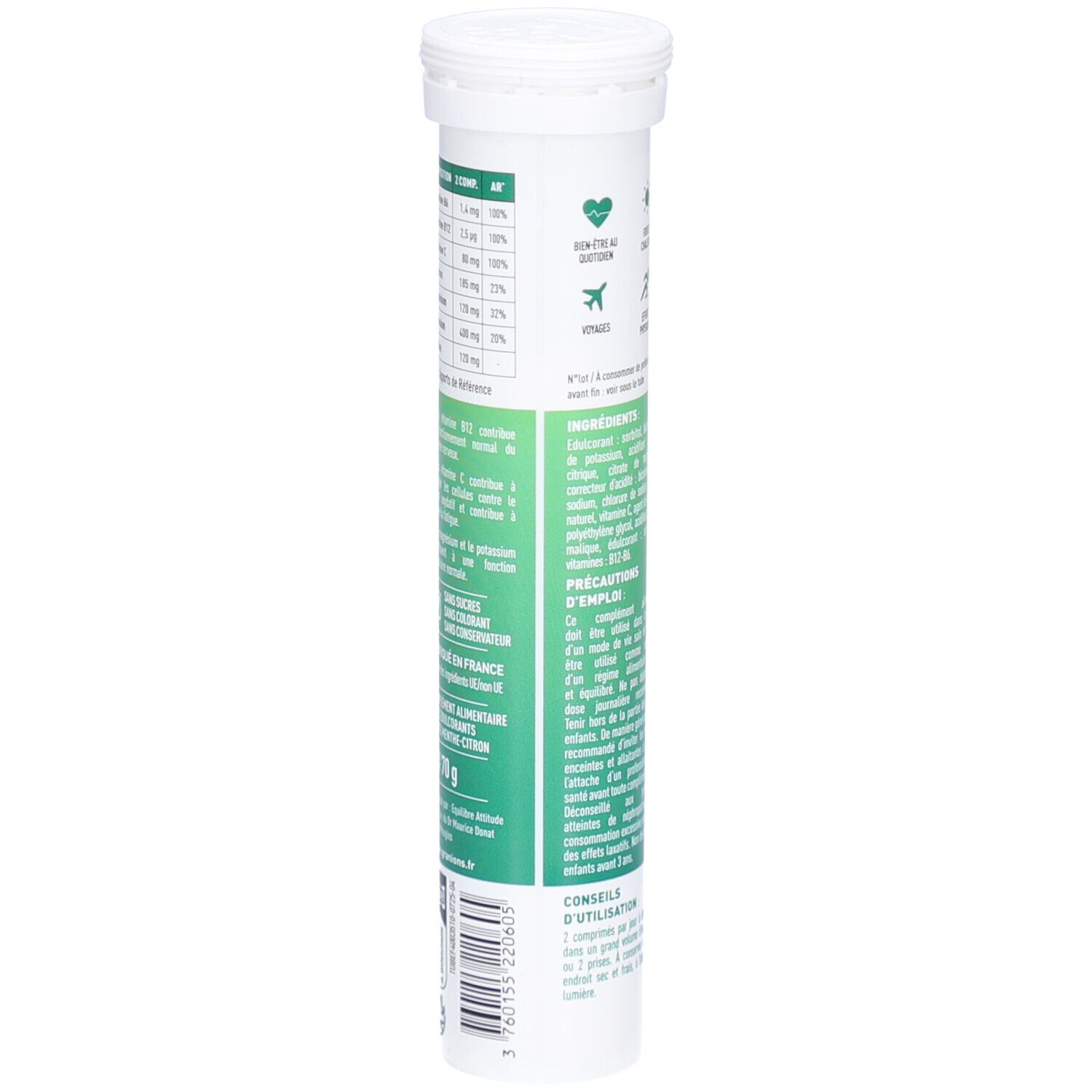 Zylindrische Verpackung von GRANIONS HYDROP. Detailansicht der Inhaltsstofftabelle und Gebrauchsanweisung. Weiß-grünes Design.