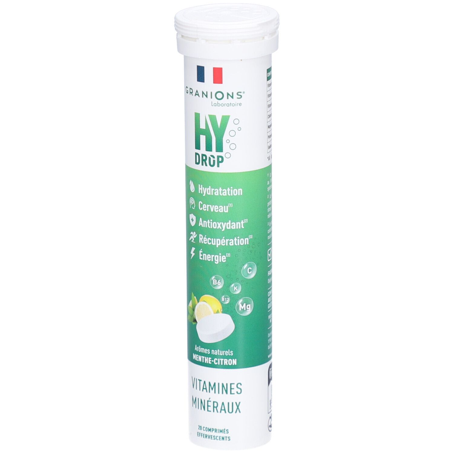 Zylindrische Verpackung von GRANIONS HYDROP MENT/CIT CPR EFF20. Enthält Brausetabletten. Grün-weißes Design mit Produktnamen und Inhaltsangaben.