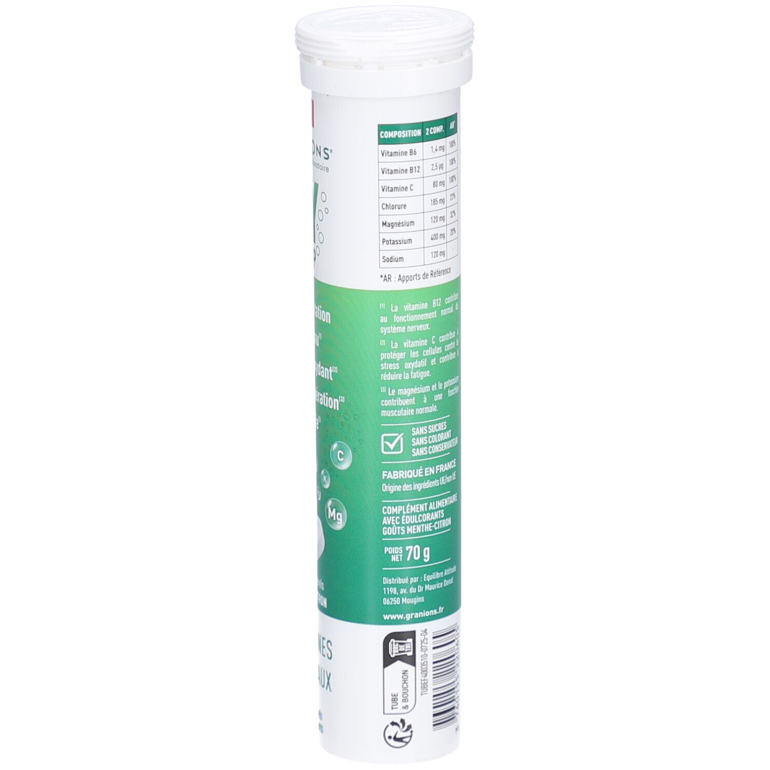 Zylindrische Verpackung von GRANIONS HYDROP. Detailansicht der Nährwerttabelle. Weiß-grünes Design.