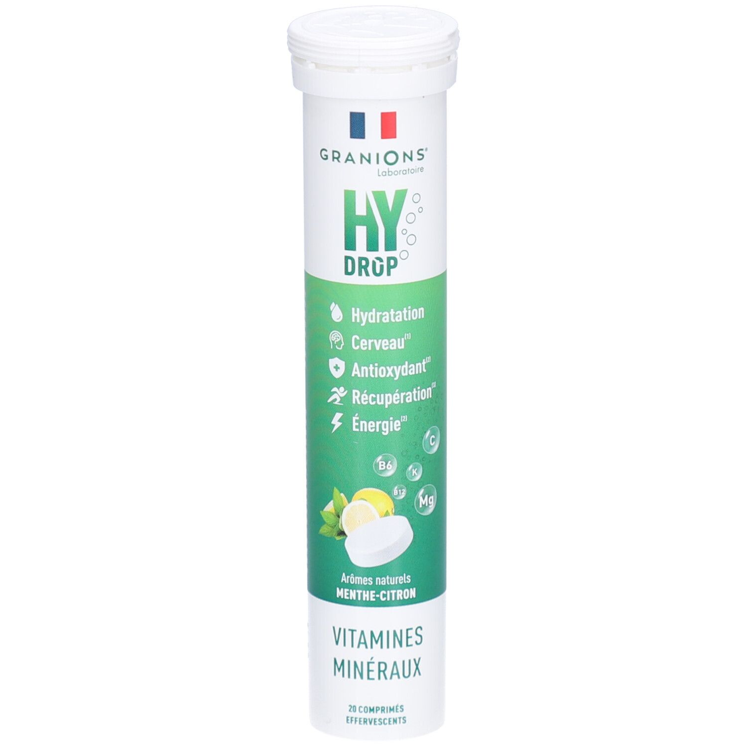 Zylindrische Verpackung von GRANIONS HYDROP MENT/CIT CPR EFF20. Enthält Brausetabletten. Grün-weißes Design mit Produktnamen und Inhaltsangaben.