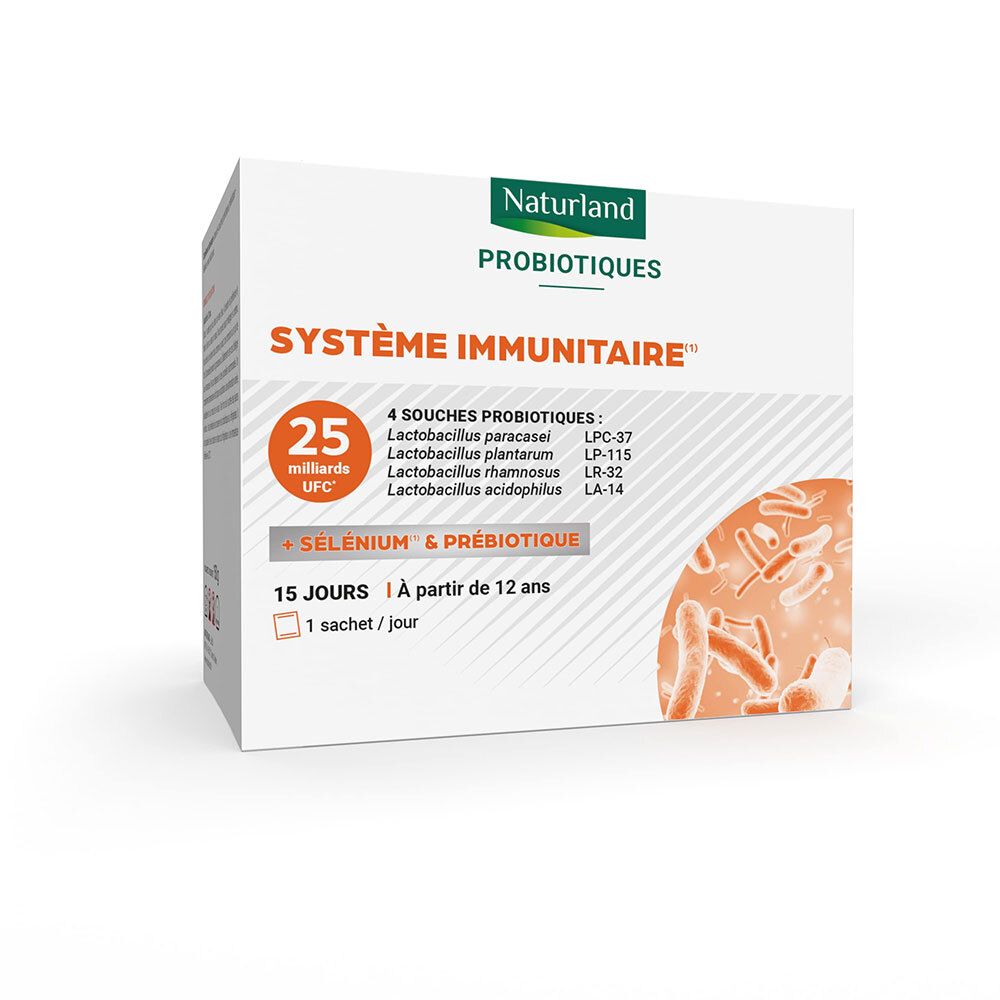 Schachtel mit Naturland Probiotiq Immu. Enthält 25 Milliarden UFC, 15 Tage, ab 12 Jahren. Aufdruck: Système Immunitaire.