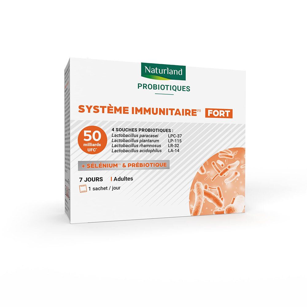 Schachtel mit NATURLAND PROBIOTIQ IMMU INT SACH7. Enthält 7 Beutel. Aufschrift: Système Immunitaire Fort.