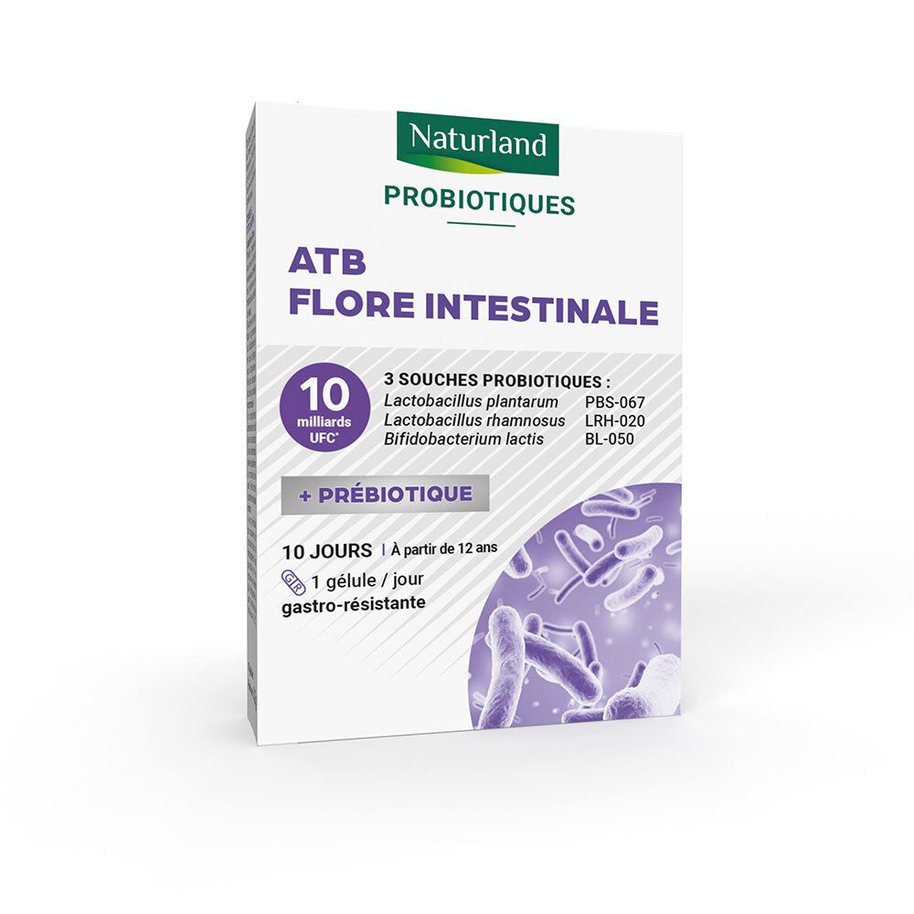 Karton mit Produktinformationen. Aufschrift: ATB Flore Intestinale, 10 Milliarden UFC, 3 probiotische Stämme, + Präbiotikum.