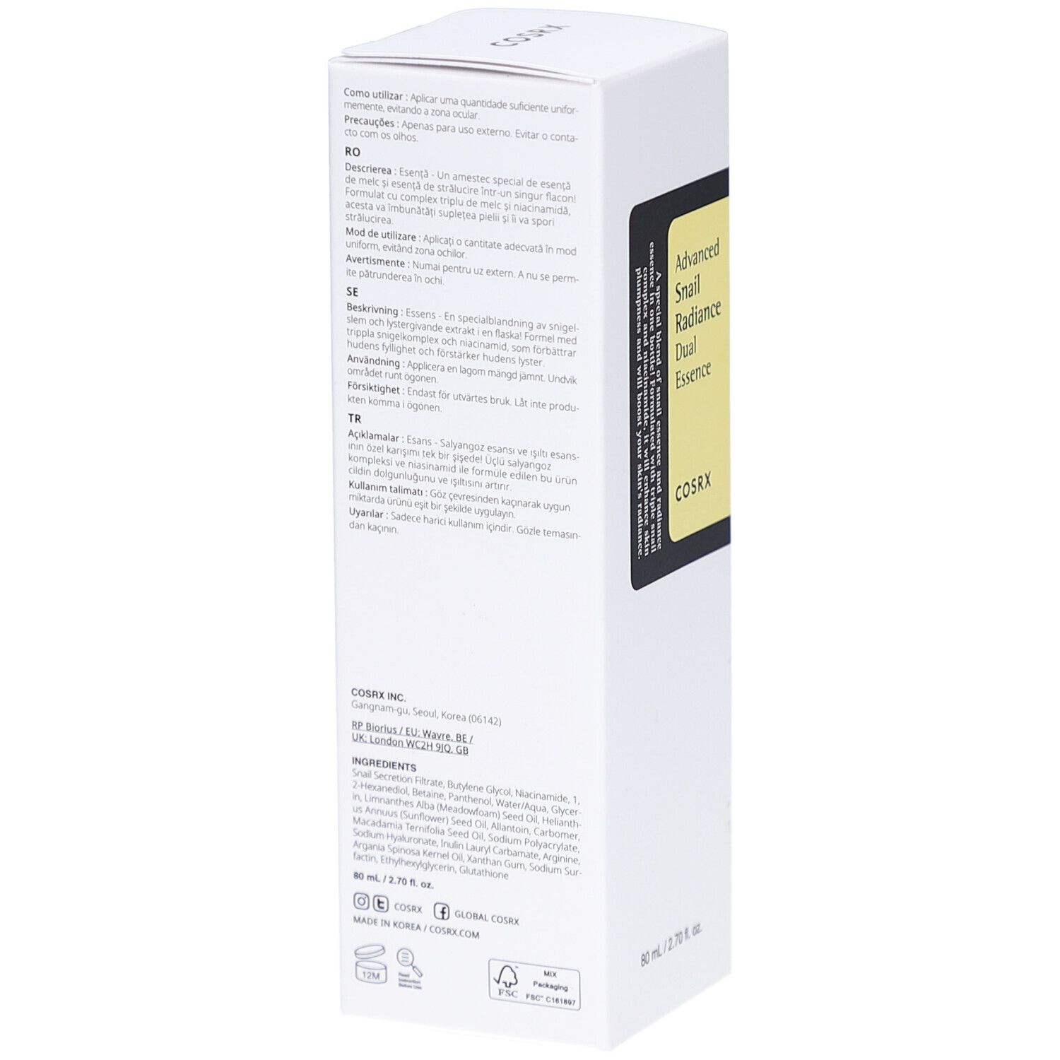 Weiße Verpackung. Text in mehreren Sprachen. Marke COSRX. 80 ml. Aufdrucke: Recycling, Haltbarkeit, Inhaltsstoffe.