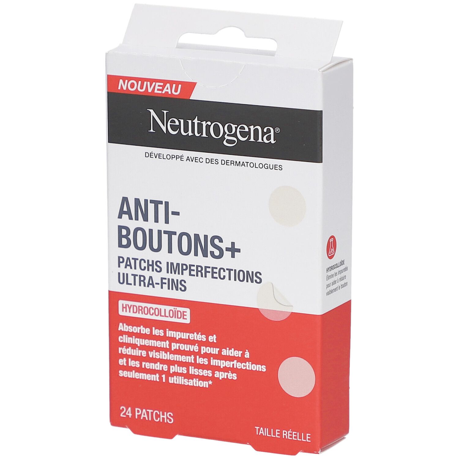 Boîte Neutrogena Anti-Boutons+ Patches. Emballage blanc et rouge avec nom du produit, 24 patchs et indication hydrocolloïde.