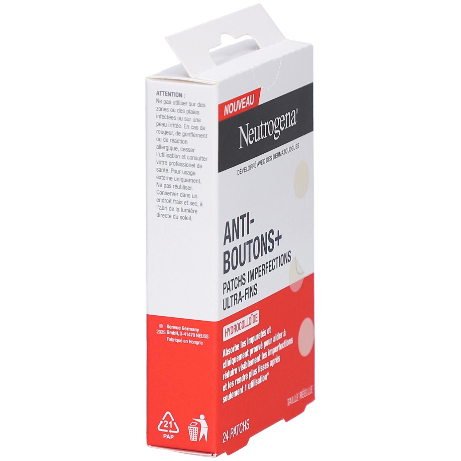 Vue latérale de l'emballage Neutrogena Anti-Boutons+ Patches. Boîte blanche et rouge avec informations produit et avertissements.
