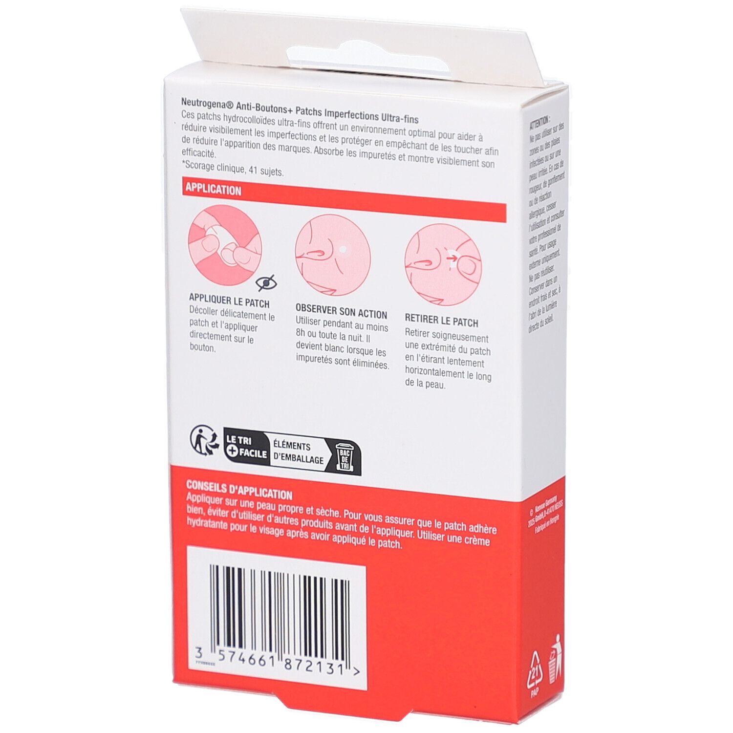 Dos de l'emballage Neutrogena Anti-Boutons+ Patches. Instructions d'utilisation, ingrédients et conseils d'application.