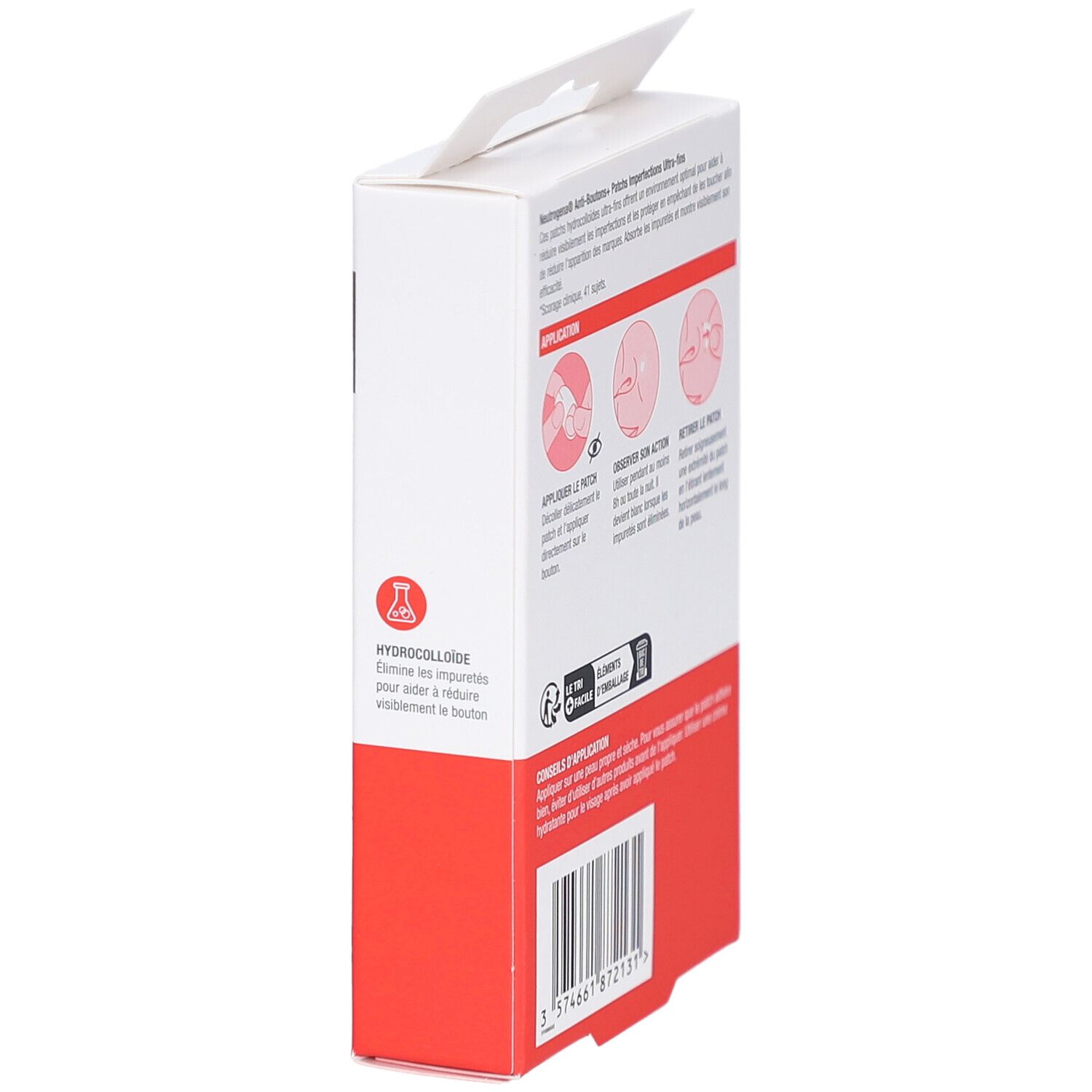 Vue latérale de l'emballage Neutrogena Anti-Boutons+ Patches. Informations produit, schéma d'application et indication hydrocolloïde.