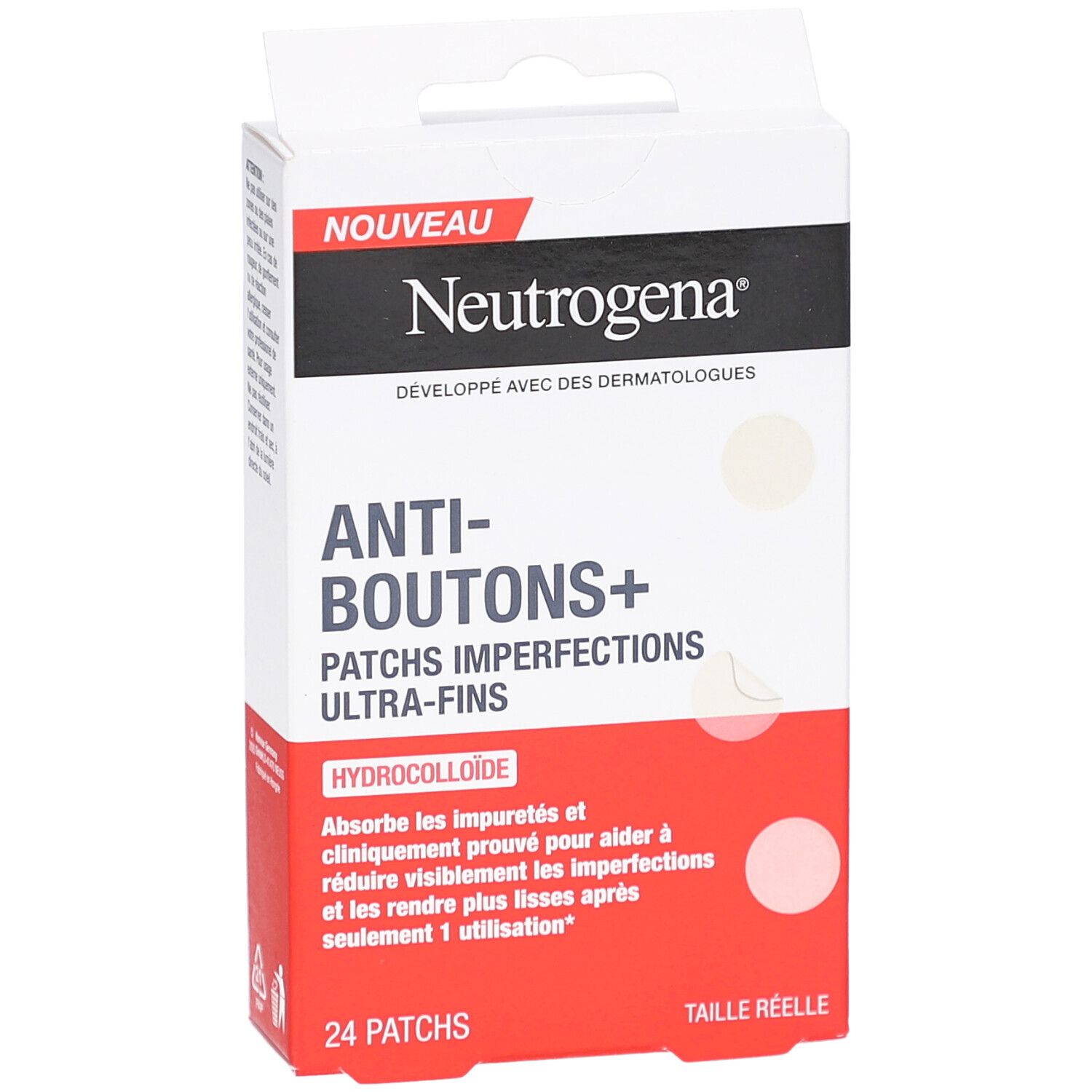 Emballage Neutrogena Anti-Boutons+ Patches. Vue de face, boîte blanche et rouge avec nom du produit et 24 patchs.