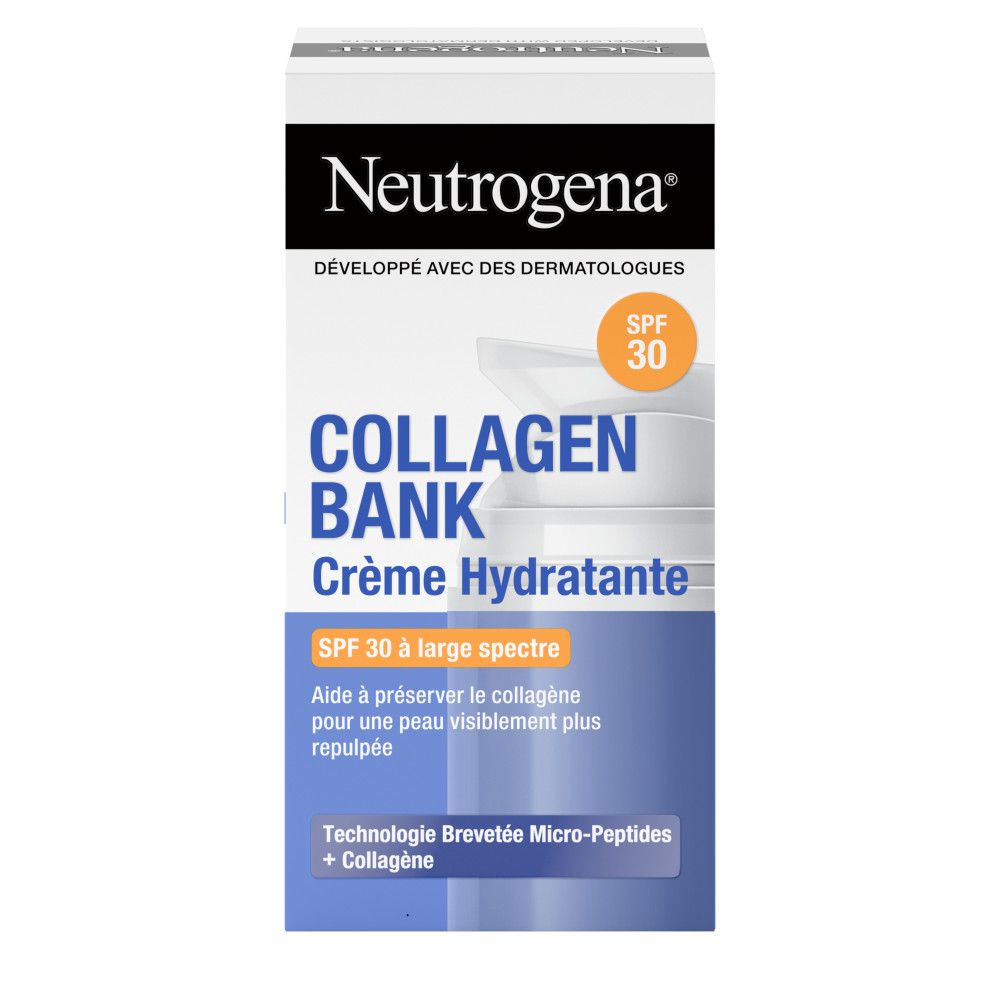Neutrogena Collagen Bank Crème Hydratante SPF30. Verpackung mit Text: SPF30 à large spectre, Technologie Micro-Peptides.
