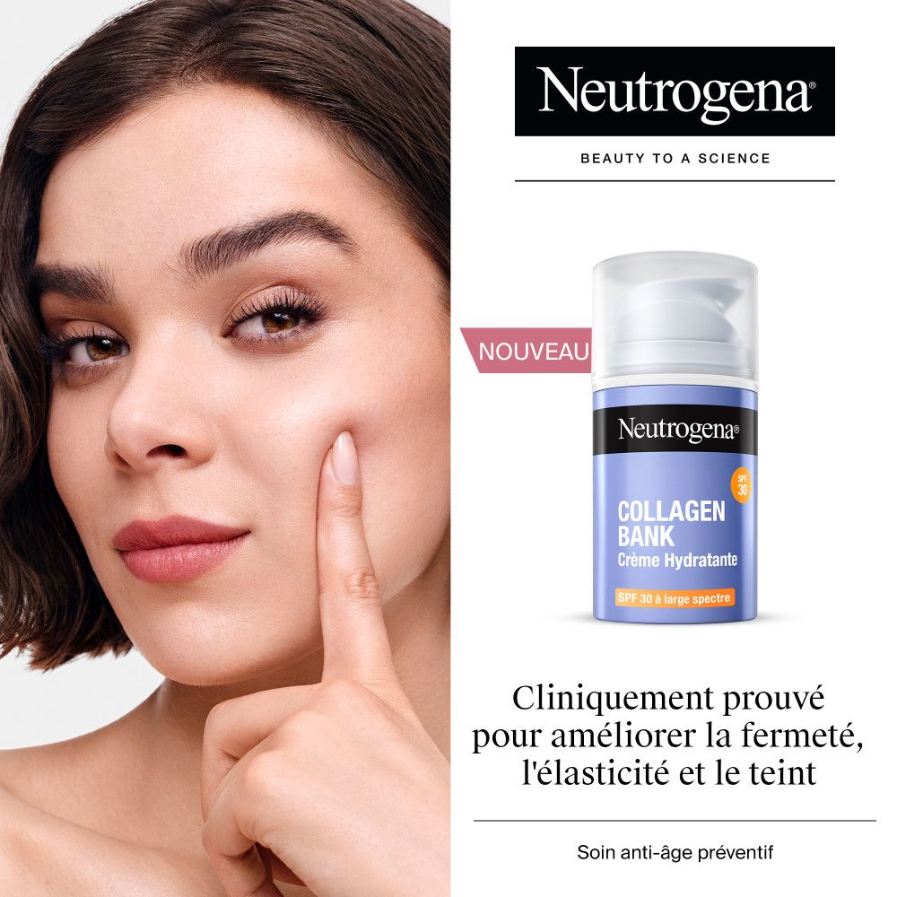 Frau berührt Wange. Neutrogena Collagen Bank Creme und Verpackung. Text: Cliniquement prouvé, Nouveau.