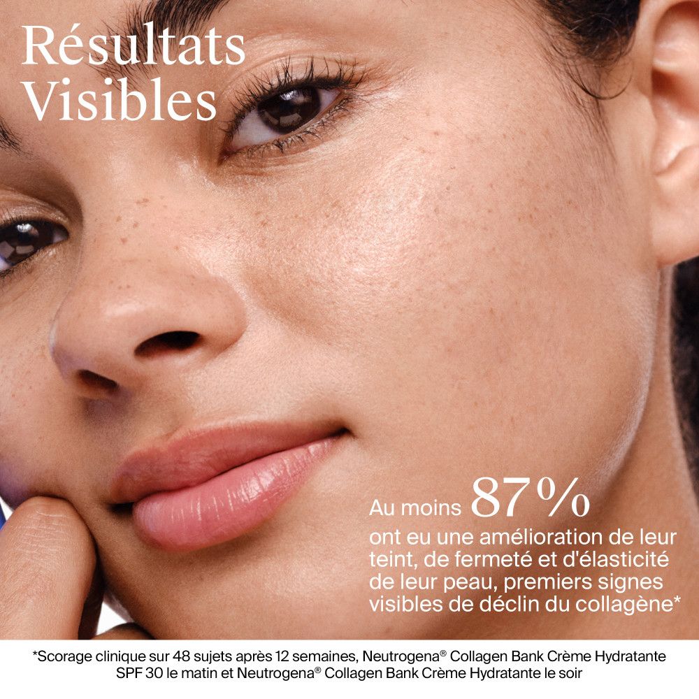Nahaufnahme eines Gesichts. Text: Résultats Visibles, 87% Verbesserung von Hautton, Festigkeit und Elastizität.