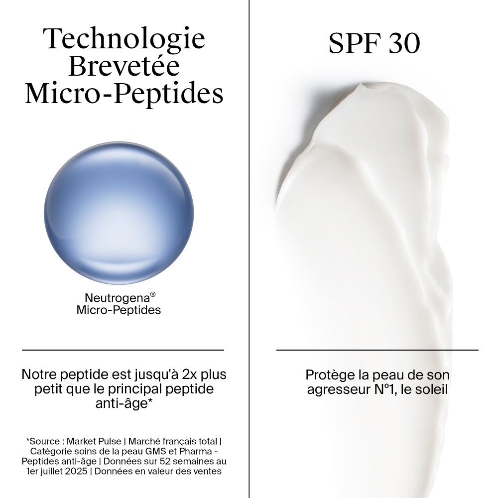 Neutrogena Micro-Peptides und SPF30. Text: Technologie Brevetée Micro-Peptides. Schicht Creme.