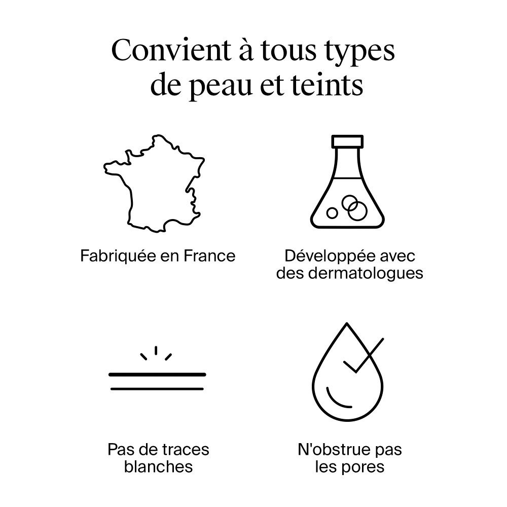 Symbole: Hergestellt in Frankreich, Dermatologen, keine weißen Spuren, verstopft keine Poren.