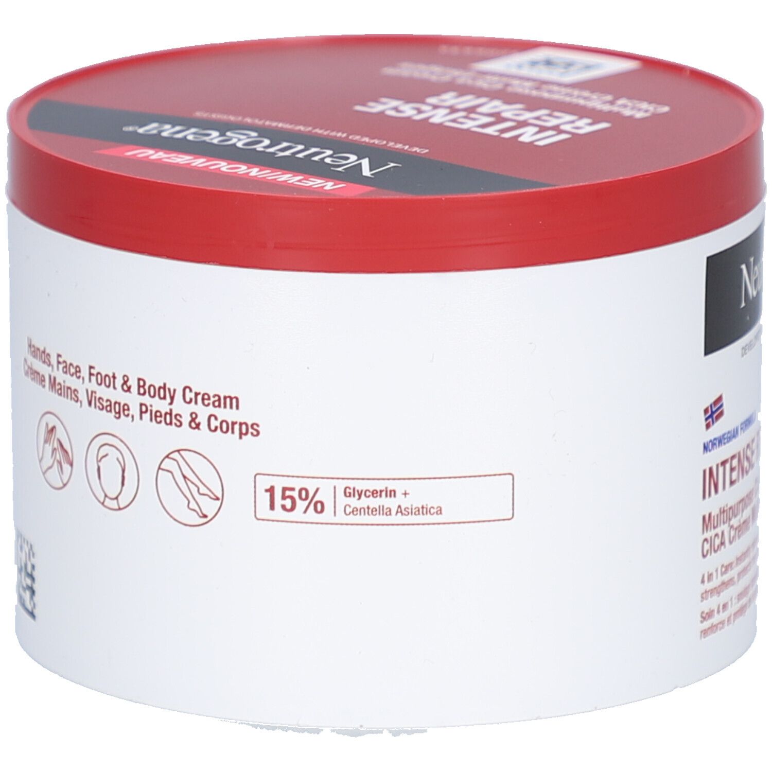 Weißer Tiegel mit rotem Deckel. Aufschrift: Neutrogena. Enthält Glycerin und Centella Asiatica. Für Hände, Gesicht, Füße.