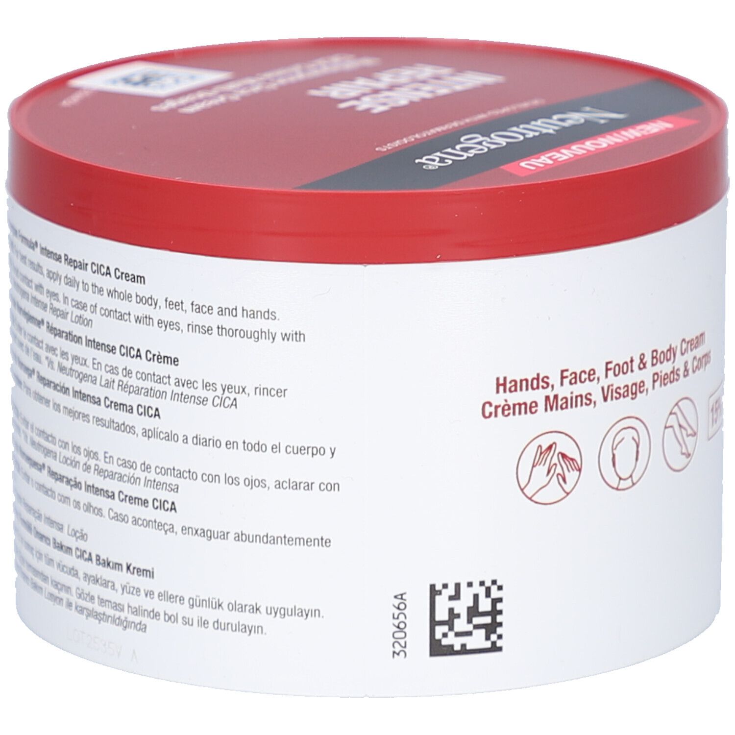 Weißer Tiegel mit rotem Deckel. Aufschrift: Neutrogena. Text in mehreren Sprachen. Enthält Intense Repair CICA Creme.