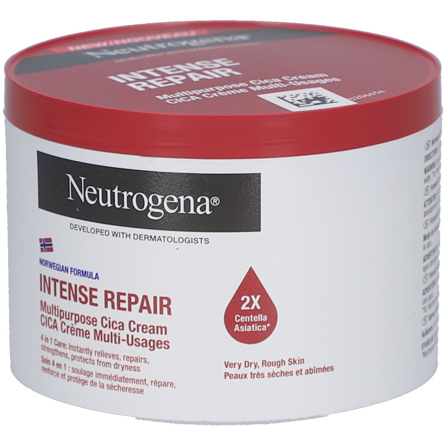 Runder Tiegel mit rotem Deckel. Aufschrift: Neutrogena, Intense Repair. Enthält Cica Cream. Für sehr trockene Haut.