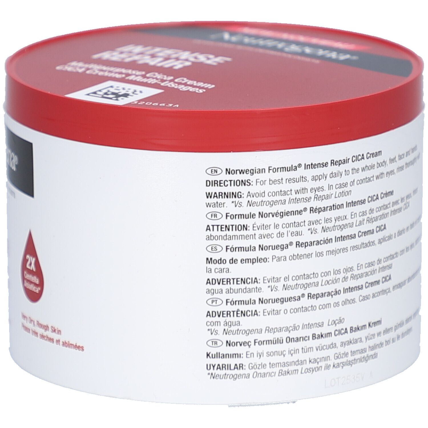 Weißer Tiegel mit rotem Deckel. Aufschrift: Neutrogena. Text in mehreren Sprachen. Enthält Intense Repair CICA Creme.